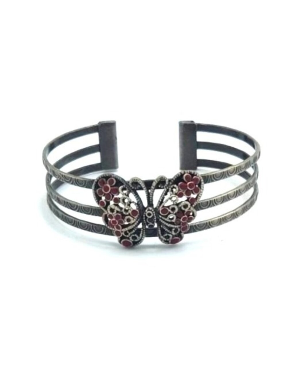 Butterfly Cuff Bracelet With Red & White Enamel Floral Accents Adjustable Fit